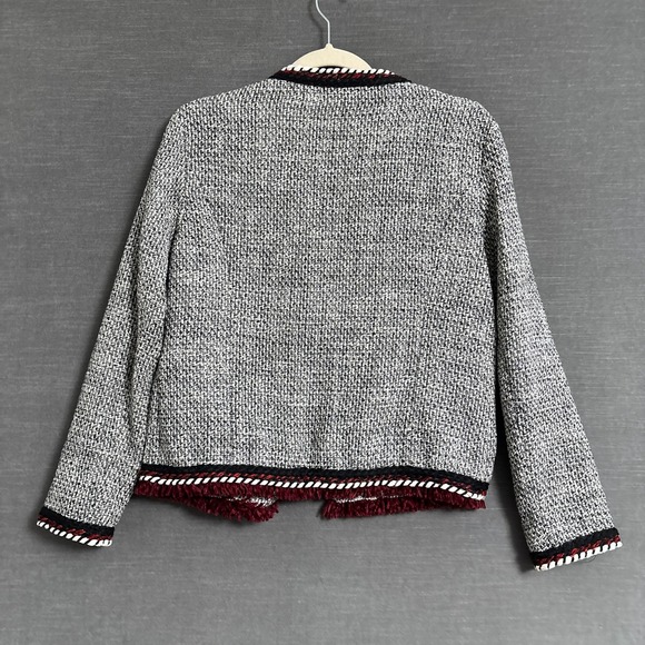 Zara Blazer Jacket M Black Red Tweed Fringe Classic Career Work Office Preppy - Picture 2 of 11